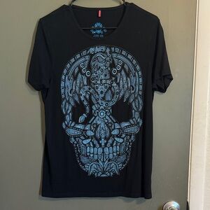 Black Graphic T-Shirt with Blue Skull Design